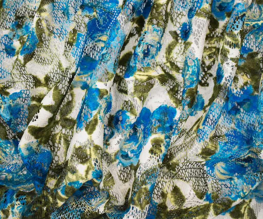 Blue-Green-Multi Poly Nylon Floral Printed Crochet Lace Mesh Knit Fabric - Image 3
