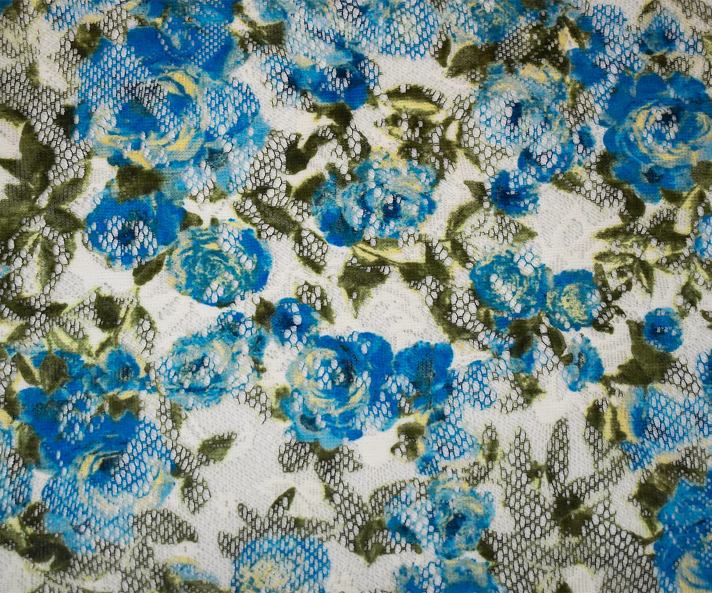 Blue-Green-Multi Poly Nylon Floral Printed Crochet Lace Mesh Knit Fabric - Image 4