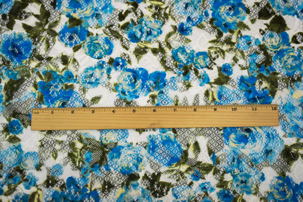 Blue-Green-Multi Poly Nylon Floral Printed Crochet Lace Mesh Knit Fabric - Image 5