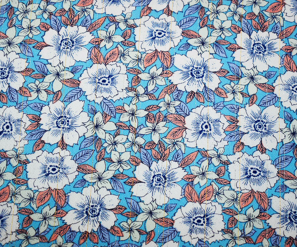 Blue-Multi Floral Border Printed Metallic Stripe Poly Pebble Crepe Fabric - Image 3