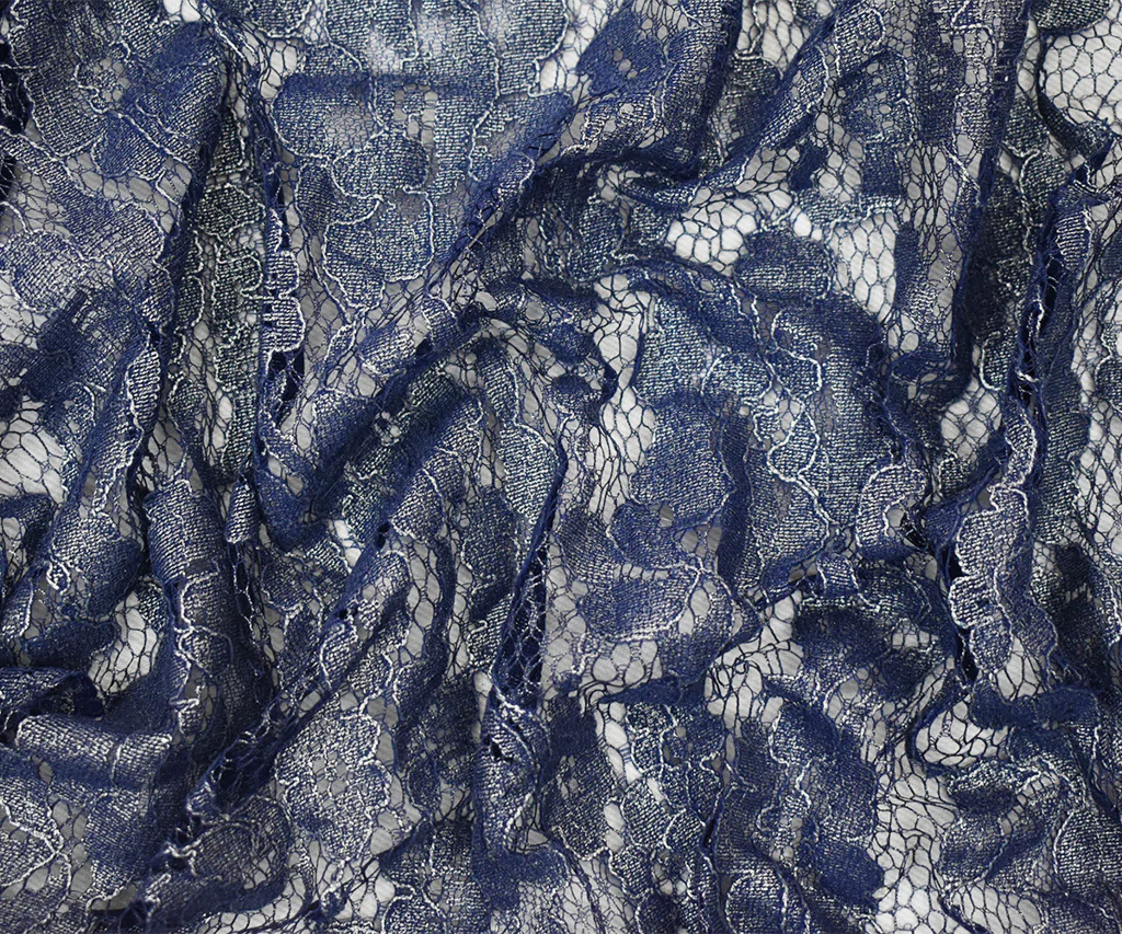 Blue-Silver Poly Nylon Floral Lace Mesh Knit Fabric - Image 3