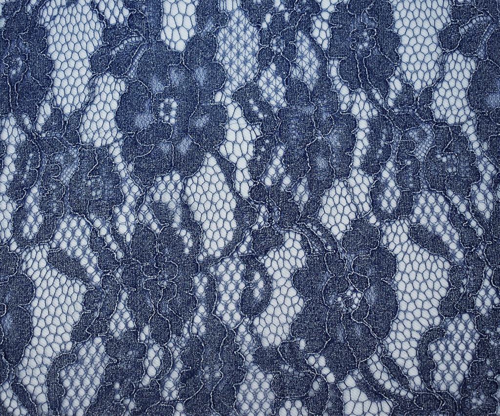 Blue-Silver Poly Nylon Floral Lace Mesh Knit Fabric - Image 4