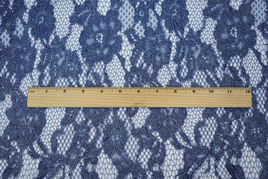 Blue-Silver Poly Nylon Floral Lace Mesh Knit Fabric - Image 5