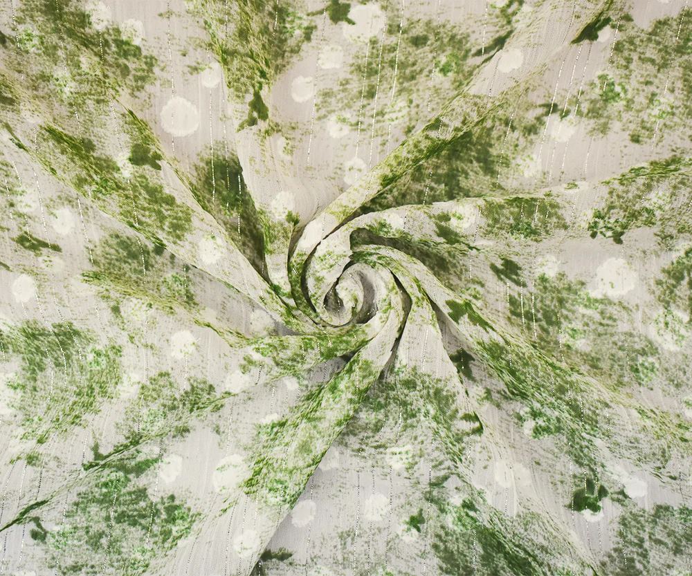 Green-White-Silver Texture Print Poly Metallic Stripe Yoryu Chiffon Fabric - Image 3