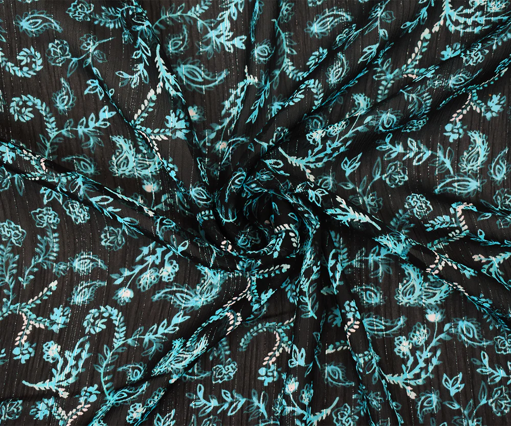 Navy-Silver-Multi Vine Printed Poly Yoryu Metallic Stripe Chiffon Fabric - Image 3