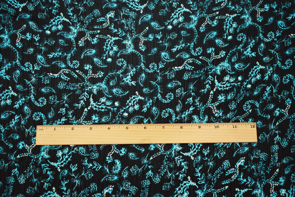 Navy-Silver-Multi Vine Printed Poly Yoryu Metallic Stripe Chiffon Fabric - Image 5