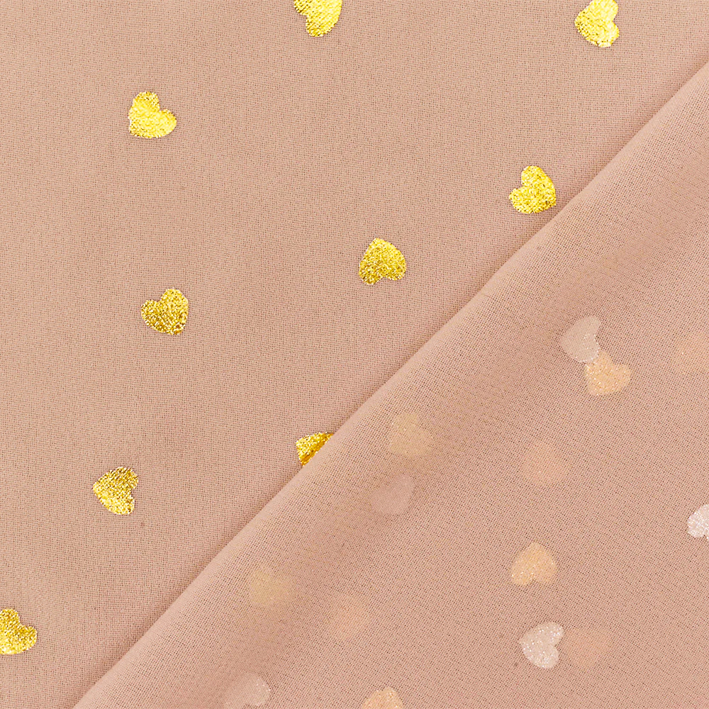 Soft Peach-Gold Heart Foil Printed Poly Chiffon Woven Fabric - Image 3